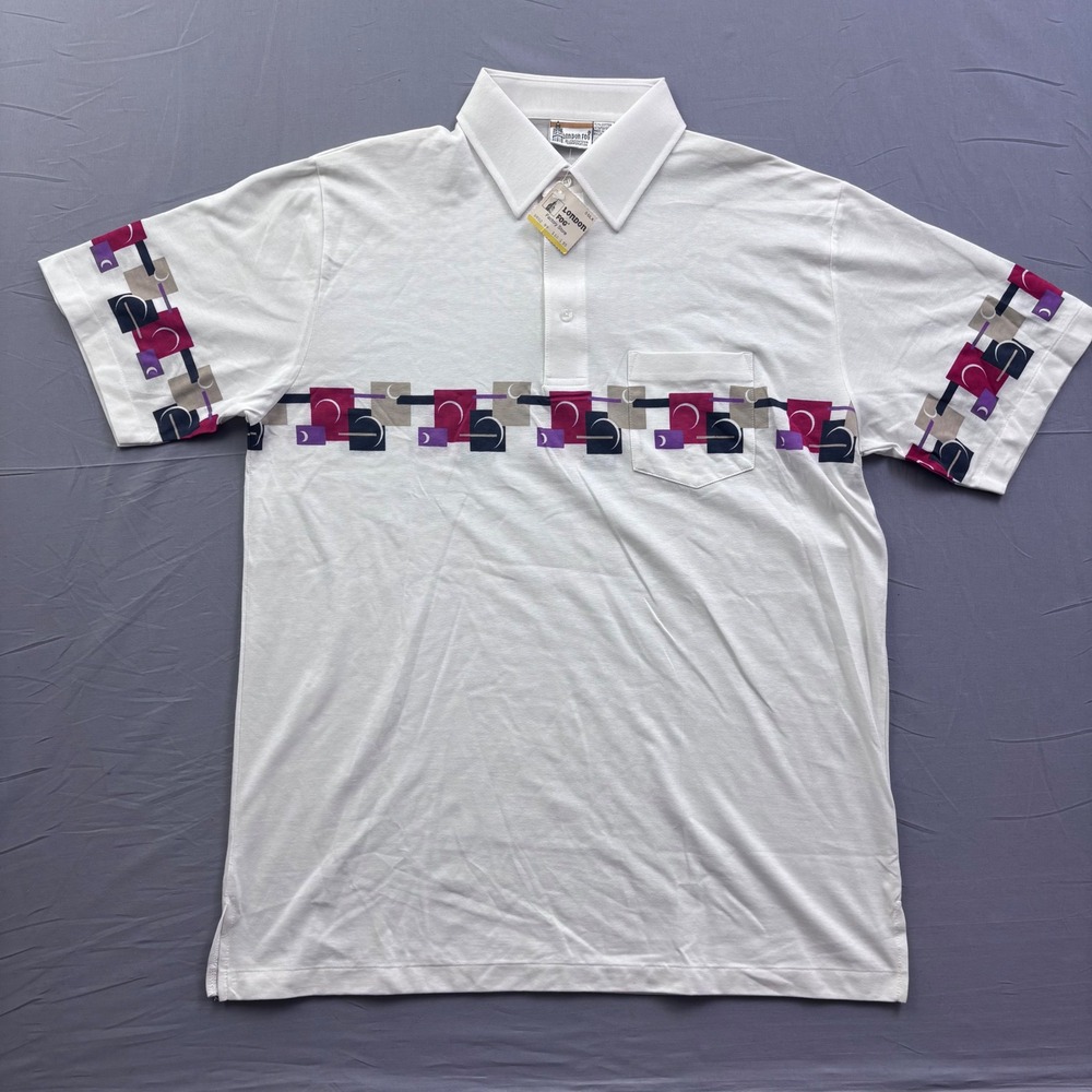 Vintage London Fog Mens XL‎ White Abstract Geometric Print Polo Shirt NWT Retro